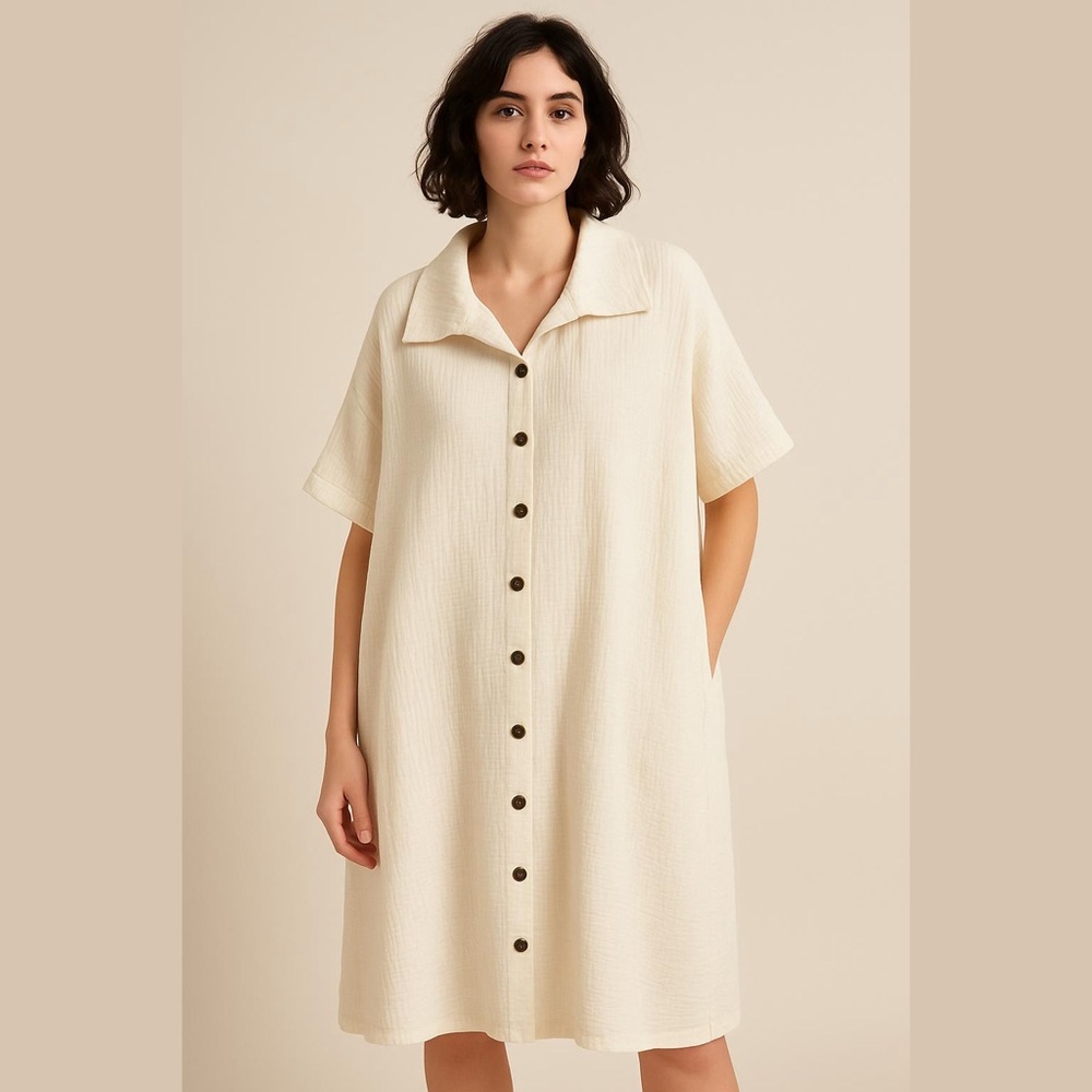 ** Tibetan Arts Muslin Gauze Cotton Button Front Cream Dress One Size